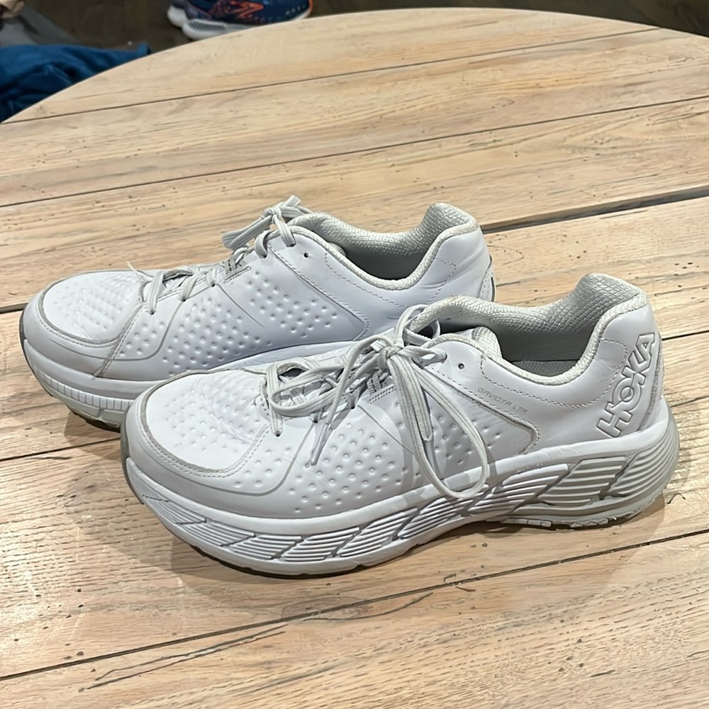 White leather hoka tennis shoes